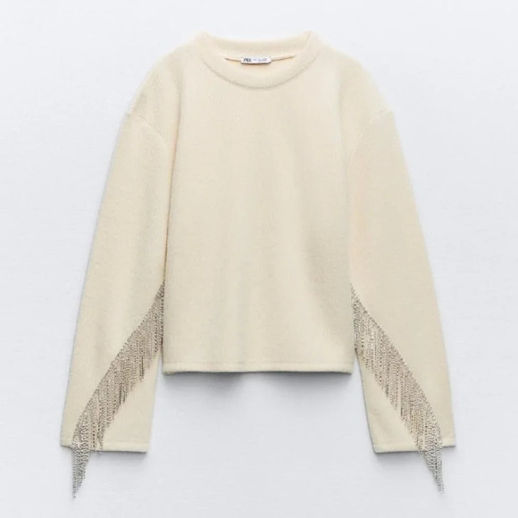 Zara Rhinestone Soft Knit Round Neck Sweater Ecru White Size Medium NWT - Picture 1 of 14